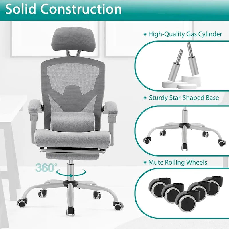 Chaise de bureau inclinable à dossier haut avec repose-pieds, appuie-tête et support lombaire réglables