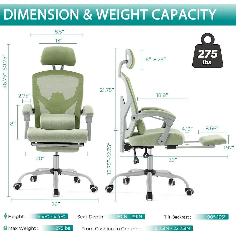 Chaise de bureau inclinable à dossier haut avec repose-pieds, appuie-tête et support lombaire réglables