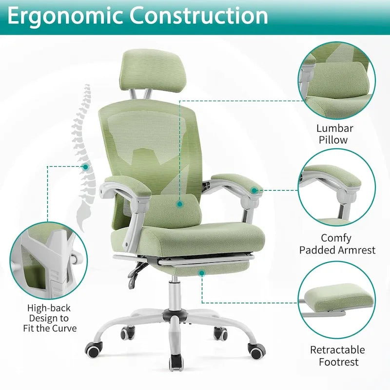 Chaise de bureau inclinable à dossier haut avec repose-pieds, appuie-tête et support lombaire réglables