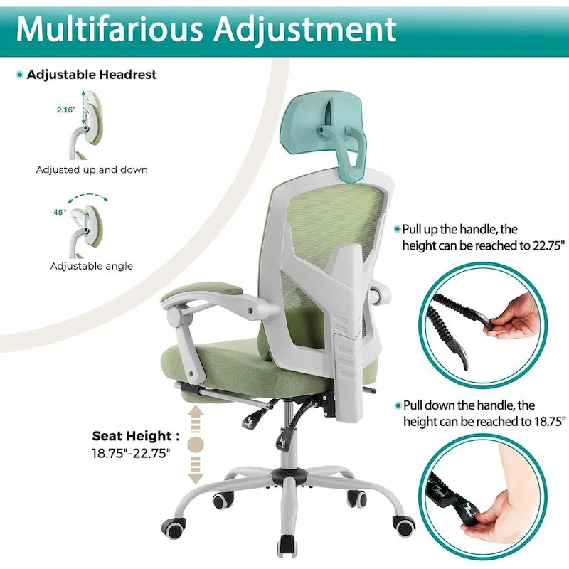Chaise de bureau inclinable à dossier haut avec repose-pieds, appuie-tête et support lombaire réglables
