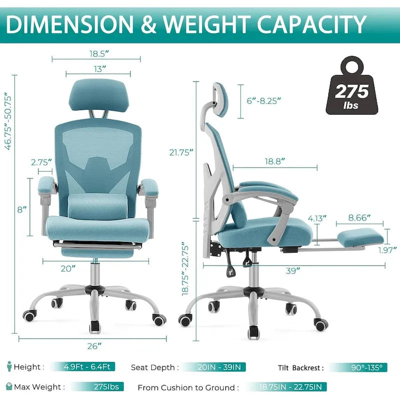 Chaise de bureau inclinable à dossier haut avec repose-pieds, appuie-tête et support lombaire réglables