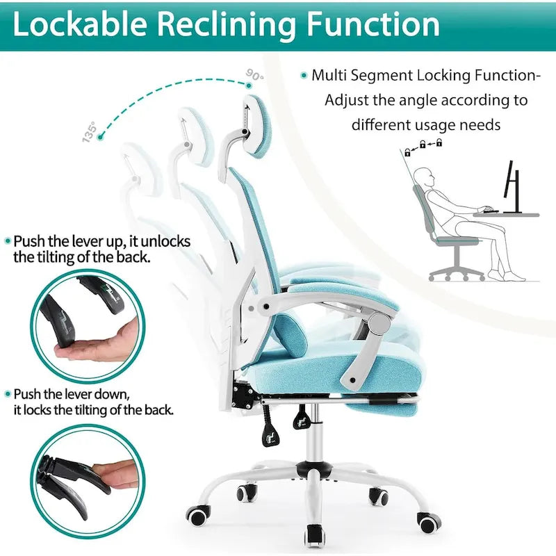 Chaise de bureau inclinable à dossier haut avec repose-pieds, appuie-tête et support lombaire réglables