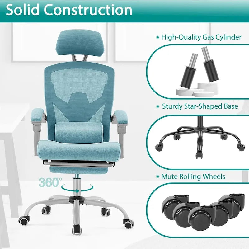Chaise de bureau inclinable à dossier haut avec repose-pieds, appuie-tête et support lombaire réglables