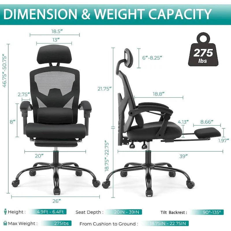 Chaise de bureau inclinable à dossier haut avec repose-pieds, appuie-tête et support lombaire réglables