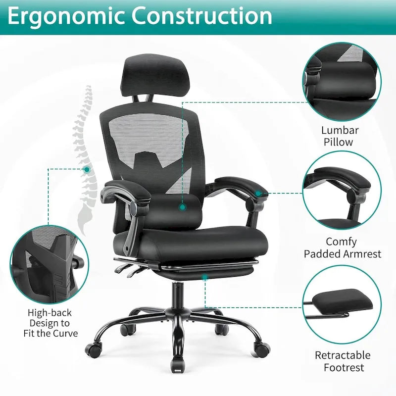 Chaise de bureau inclinable à dossier haut avec repose-pieds, appuie-tête et support lombaire réglables