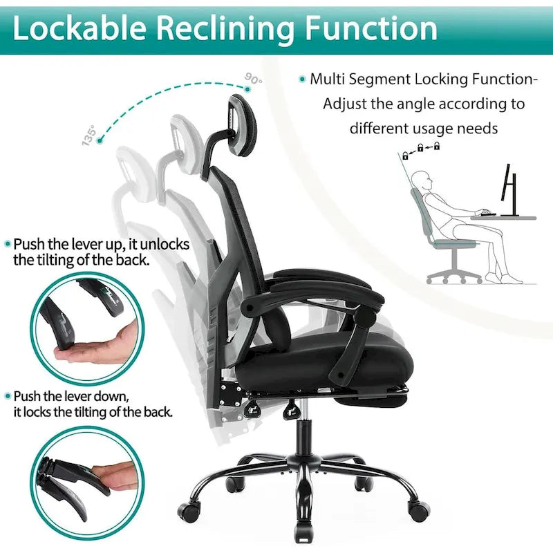 Chaise de bureau inclinable à dossier haut avec repose-pieds, appuie-tête et support lombaire réglables