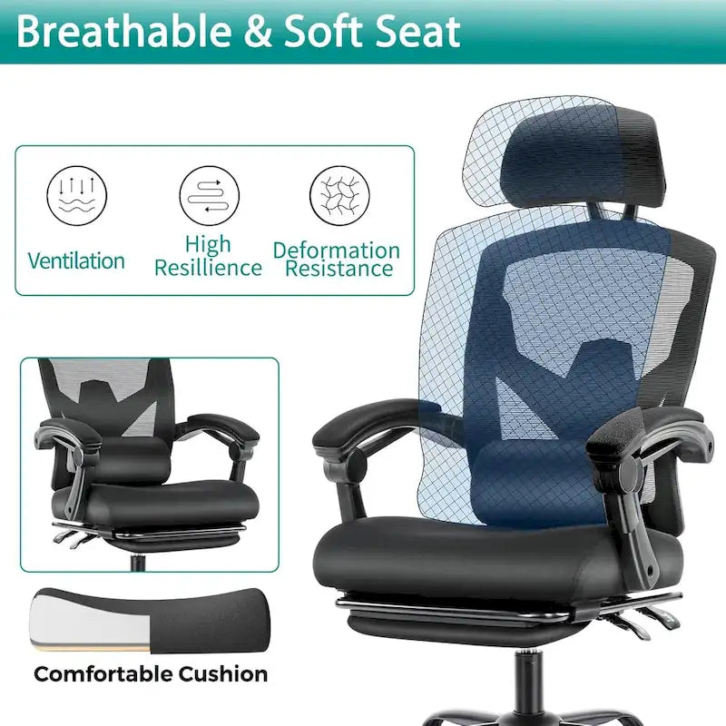 Chaise de bureau inclinable à dossier haut avec repose-pieds, appuie-tête et support lombaire réglables