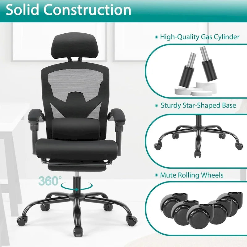 Chaise de bureau inclinable à dossier haut avec repose-pieds, appuie-tête et support lombaire réglables