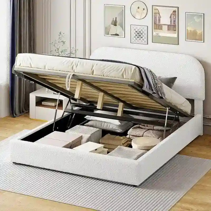 Lit plateforme capitonné Queen Size avec rangement hydraulique