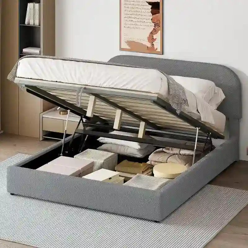 Lit plateforme capitonné Queen Size avec rangement hydraulique